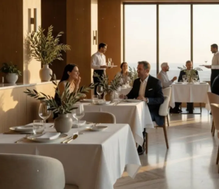 Sala principal de Cartasfinas con interiorismo mediterráneo contemporáneo y mesas elegantemente vestidas