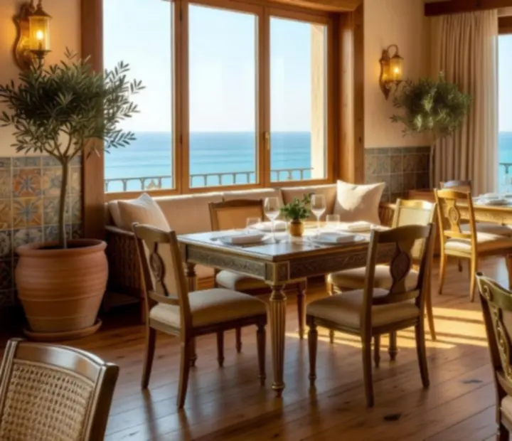 Interior luminoso de restaurante mediterráneo de lujo con maderas nobles, detalles en latón cepillado y mesas elegantemente vestidas.