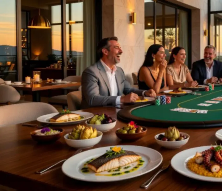 Velada gourmet con mesas de póker elegante en Cartasfinas