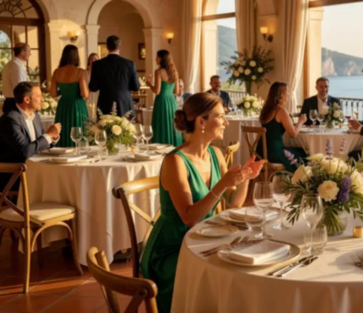 Evento social mediterráneo en un restaurante de lujo con invitados disfrutando de una cena y ambiente elegante
