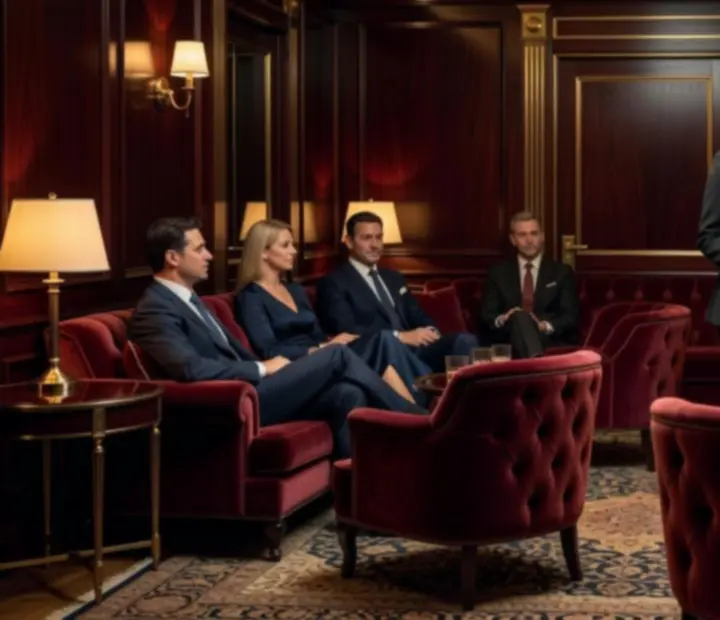 Sala VIP privada con mesa de póker, sofás de diseño y detalles en latón cepillado.