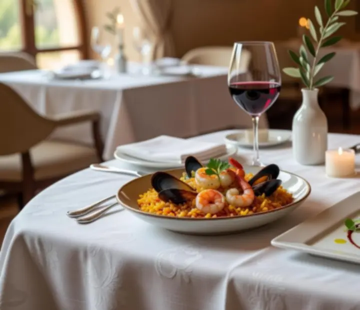 Mesa elegante con platos gourmet y maridaje de vinos para una cena VIP privada