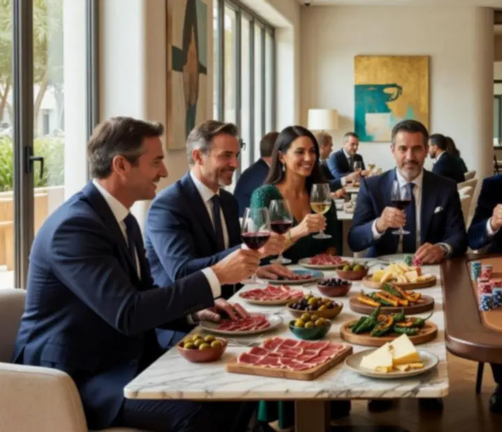 Composición cinematográfica de mesas de restaurante, platos gourmet y mesas de póker en un ambiente mediterráneo de lujo.
