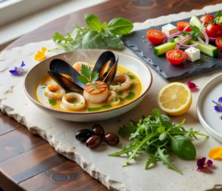 Plato gourmet mediterráneo con producto local, presentado con elegancia sobre mantelería blanca.