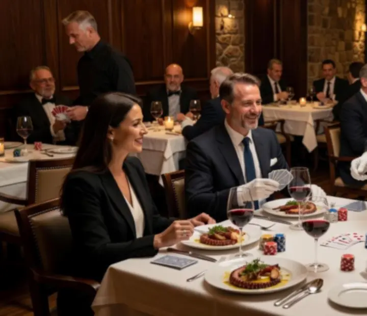 Mesa de restaurante mediterráneo con cartas de póker y copas de vino en un ambiente elegante