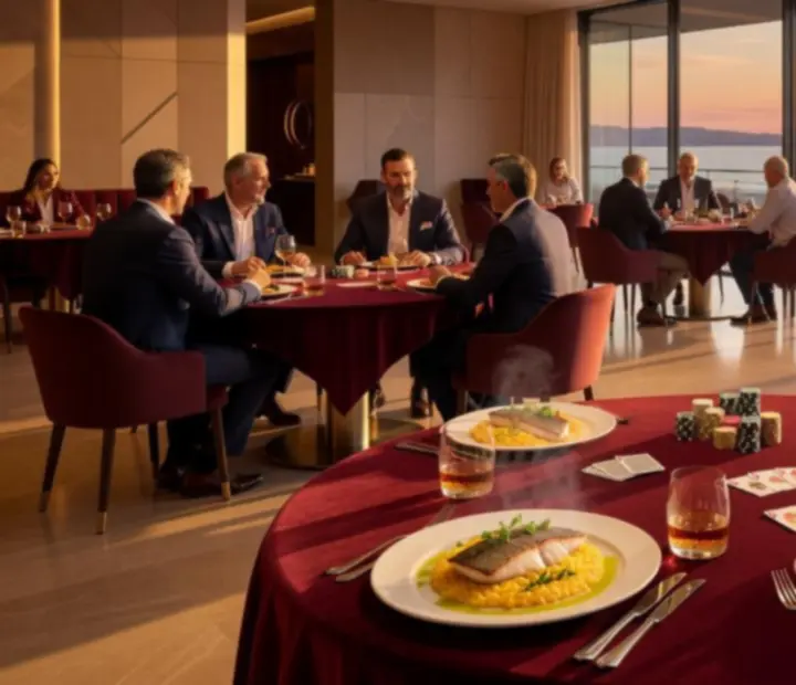 Vista cinematográfica de un restaurante mediterráneo de lujo con mesas de póker, gastronomía gourmet y ambiente cálido al atardecer.