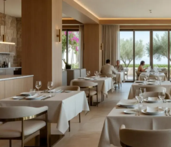 Interior sofisticado de restaurante con piedra natural, madera de roble y detalles en latón cepillado.