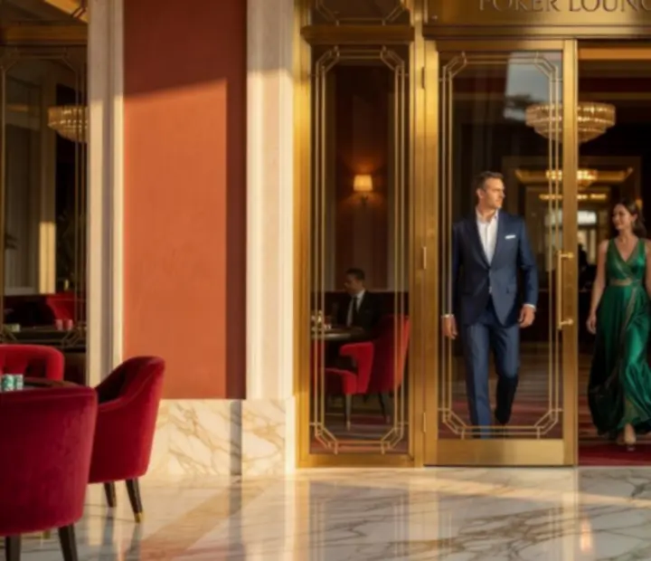 Vista cinematográfica del Poker Lounge con mesas elegantes y ambiente mediterráneo