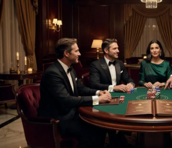 Grupo de invitados disfrutando de una velada de poker privada en el lounge