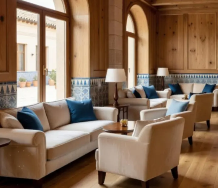 Interior elegante del lounge con madera natural y luz cálida