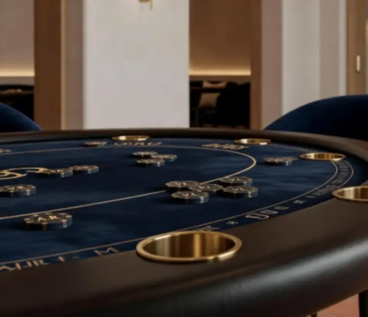 Mesa de poker premium con fichas personalizadas y tapete de lujo