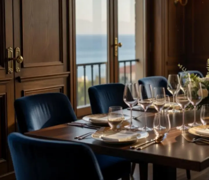 Mesa privada elegantemente dispuesta para una celebración íntima en un restaurante de lujo.