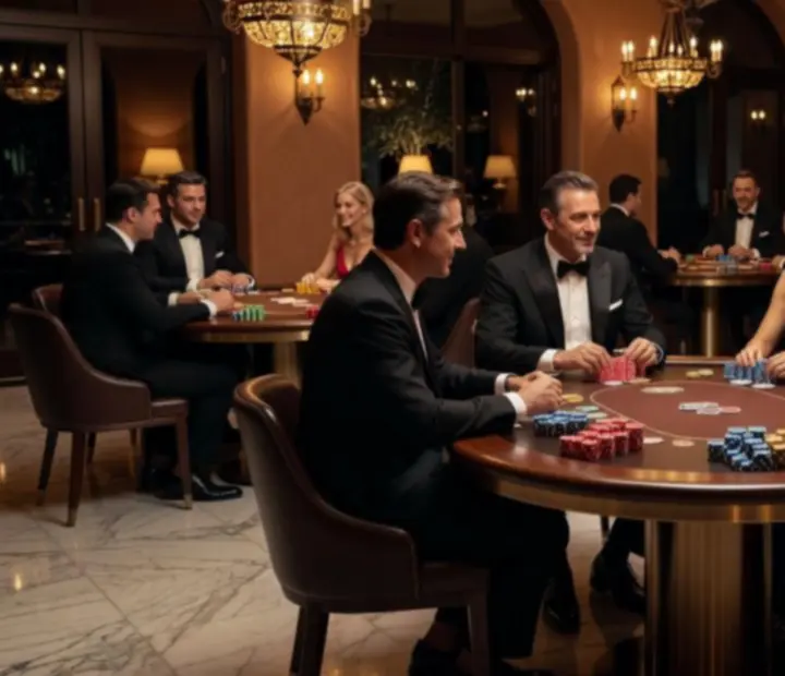 Salón de póker de noche con mesas iluminadas y ambiente mediterráneo sofisticado