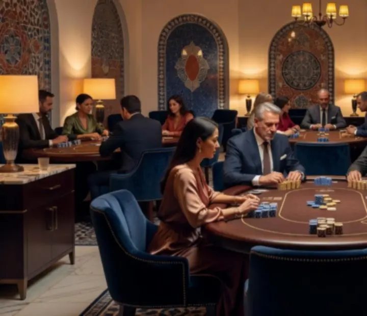 Lounge de póker nocturno con mesas profesionales, fichas y ambiente sofisticado.