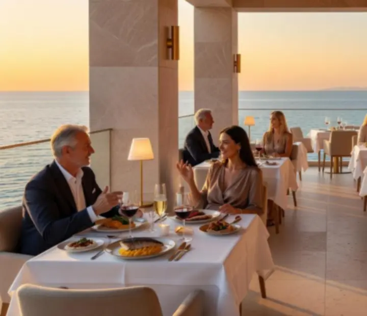 Vista cinematográfica de un restaurante mediterráneo de lujo con mesas elegantemente vestidas y luz cálida al atardecer.
