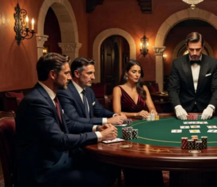 Torneo privado de póker en lounge elegante con mesa profesional y crupier